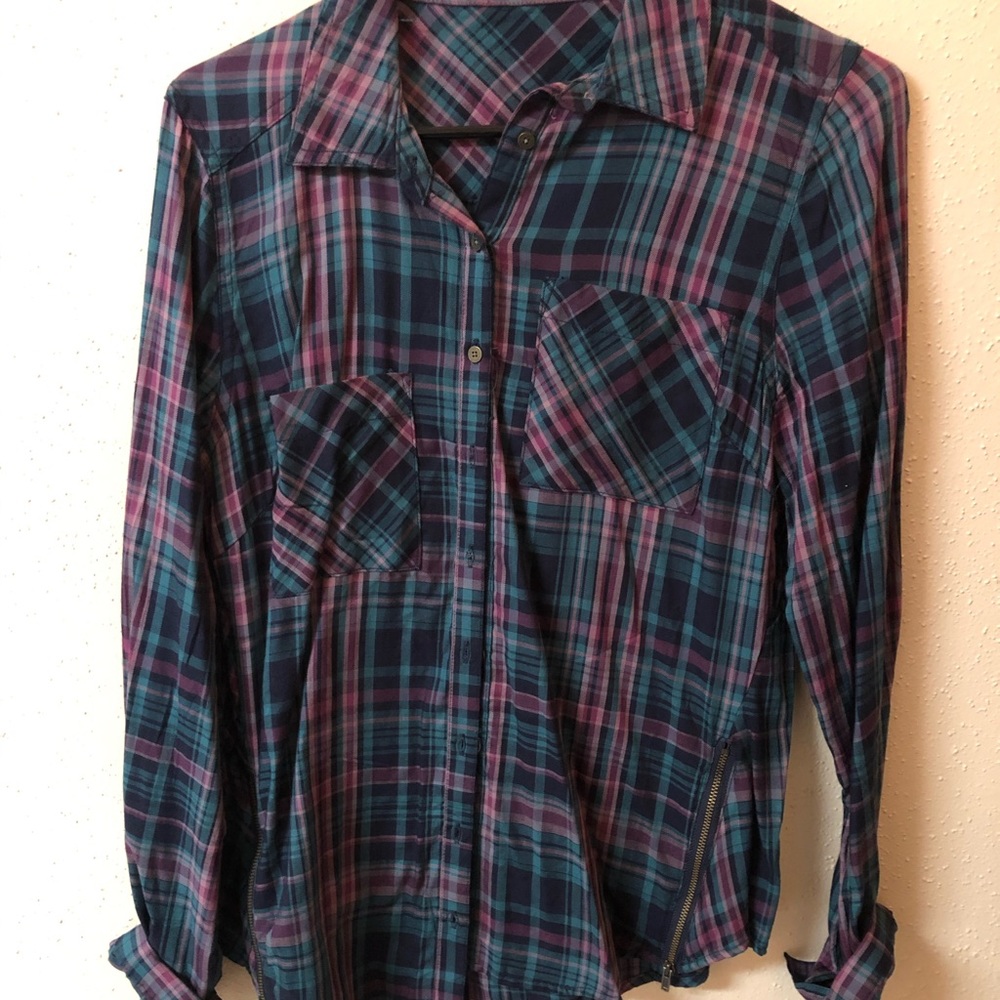 Green/purple/navy button up